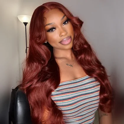 Beruthie Reddish Brown Curtain Bangs Body Wave 6×5 Pre-cut Hd Glueless Wig with Layers 180% Density