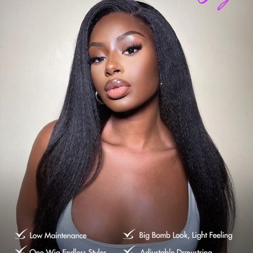 Kinky straight 3 in 1 Half Wig. Glueless install, 250% Density