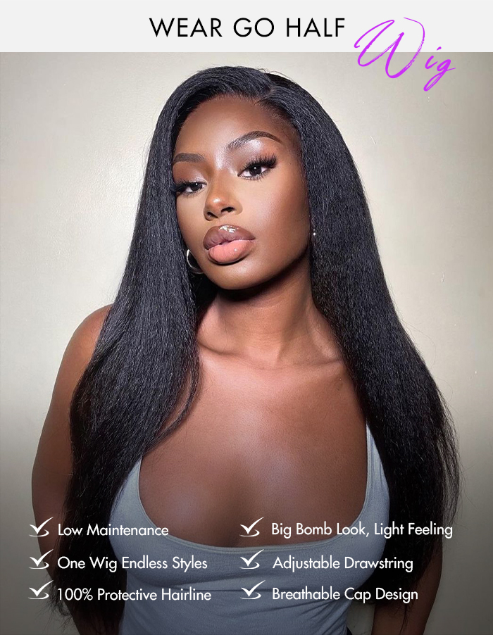 Kinky straight 3 in 1 Half Wig. Glueless install, 250% Density